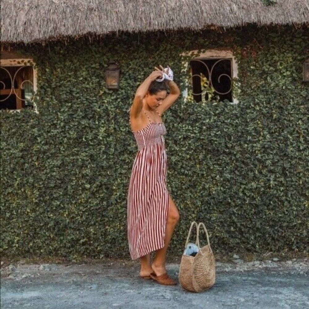 NEW ANTHROPOLOGIE FAITHFULL THE BRAND 10 SUKI SMOCKED ZEUS STRIPE MIDI DRESS
